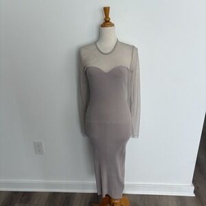 Zara Womens Dress Large Beige Sheer Ribbed Knit Long Sleeves Bodycon Stretch